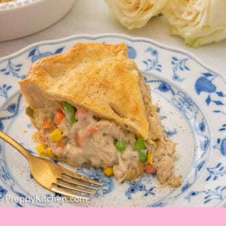Pinterest graphic of a serving of turkey pot pie on a blue and white plate.