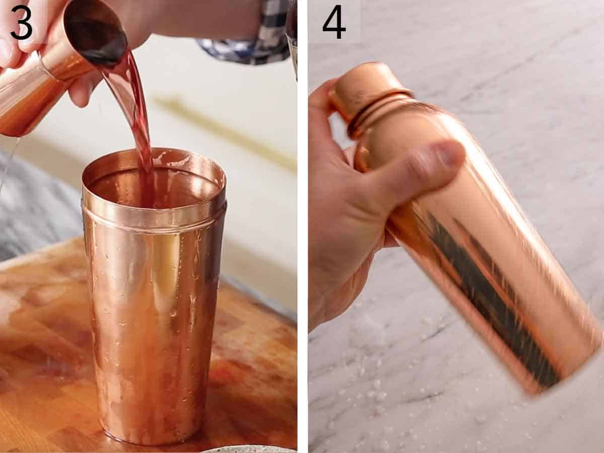 Set of two photos showing alcohol added to a shaker then shaken.