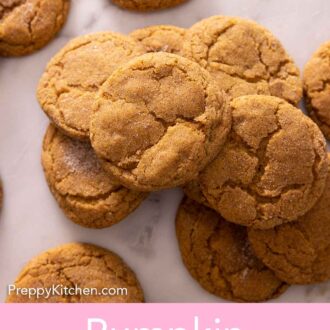 Pinterest graphic of multiple pumpkin snickerdoodles on a counter, with some stacked on top of each other.