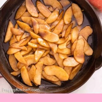 Pinterest graphic of a cast iron skillet with fried apples.