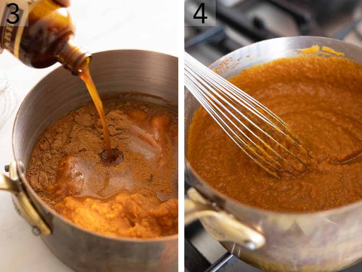 Set of two photos showing vanilla extra added to a pot and then ingredients whisked together on the stove.