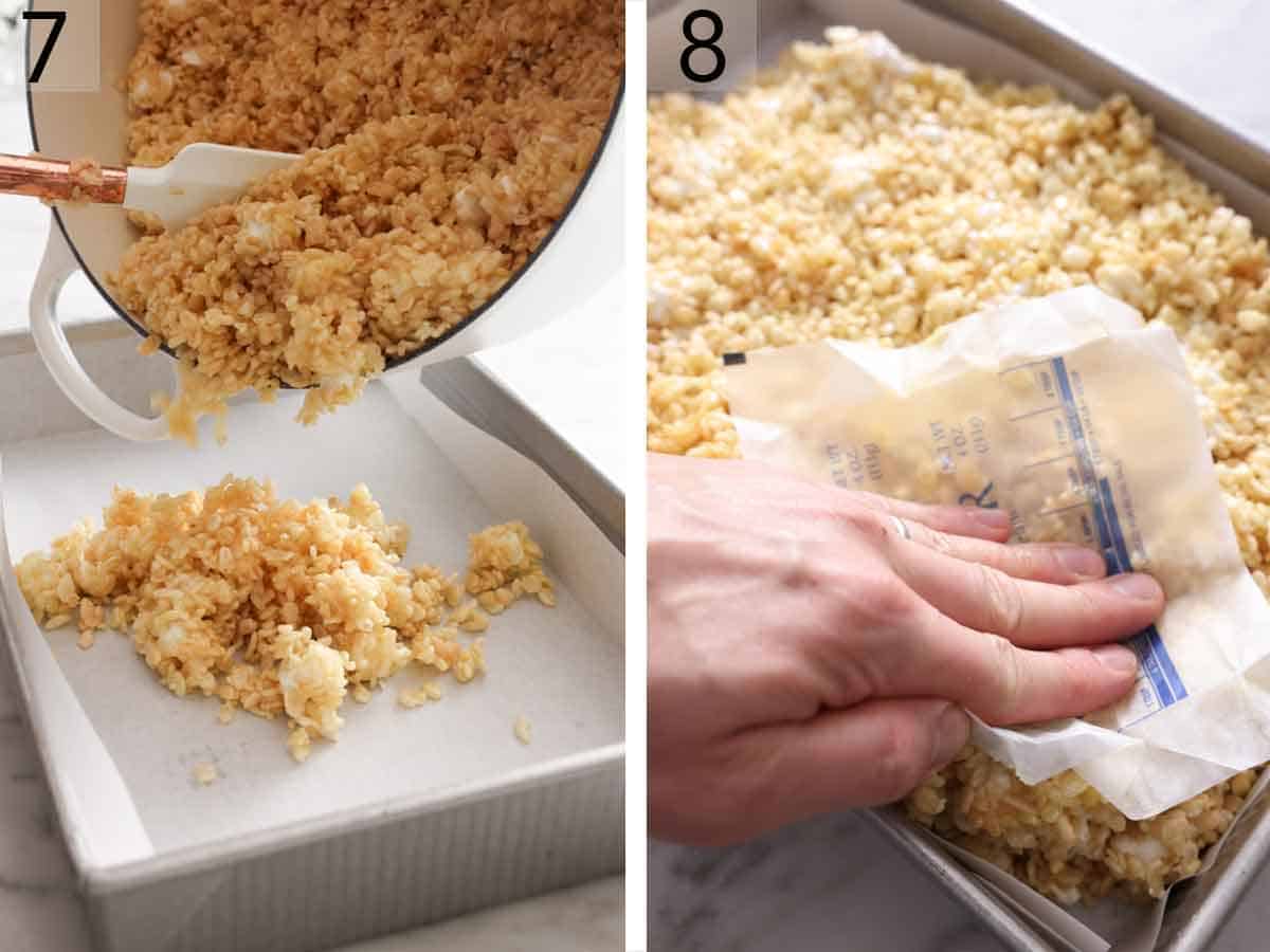 Set of two photos showing the mixture poured into the lined pan then pressed.