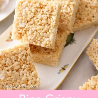 Pinterest graphic of a platter with multiple squares of rice krispie treats.