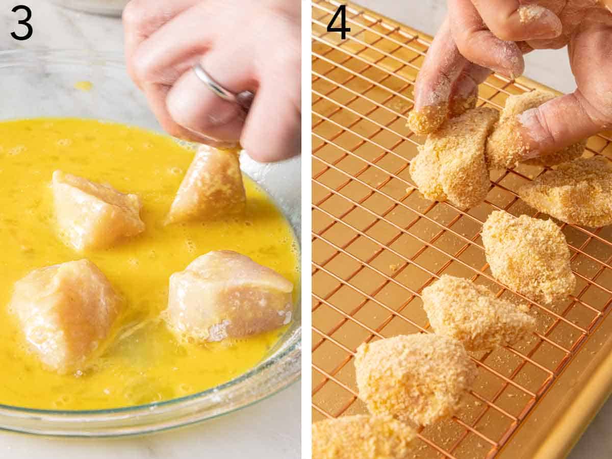 Set of two photos showing the pieces dipped in egg and coated, placed on a rack.