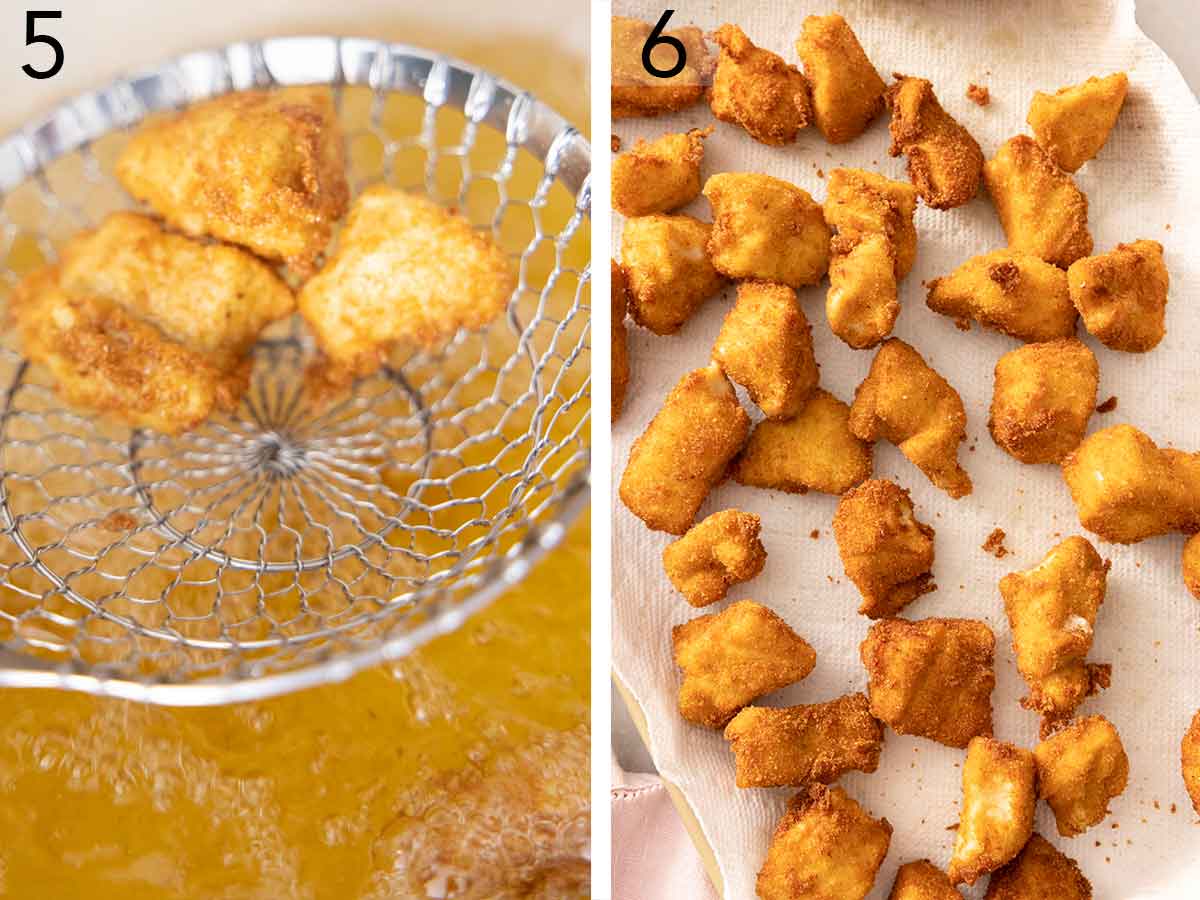 Set of two photos showing pieces fried and drained before placing on a paper towel.