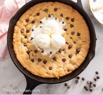 Pinterest graphic of a cast iron skillet with a cookie and ice cream.