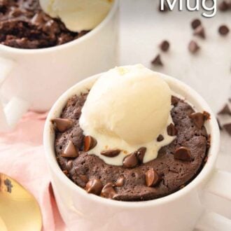 Pinterest graphic of a brownie in a mug with a scoop of ice cream on top.