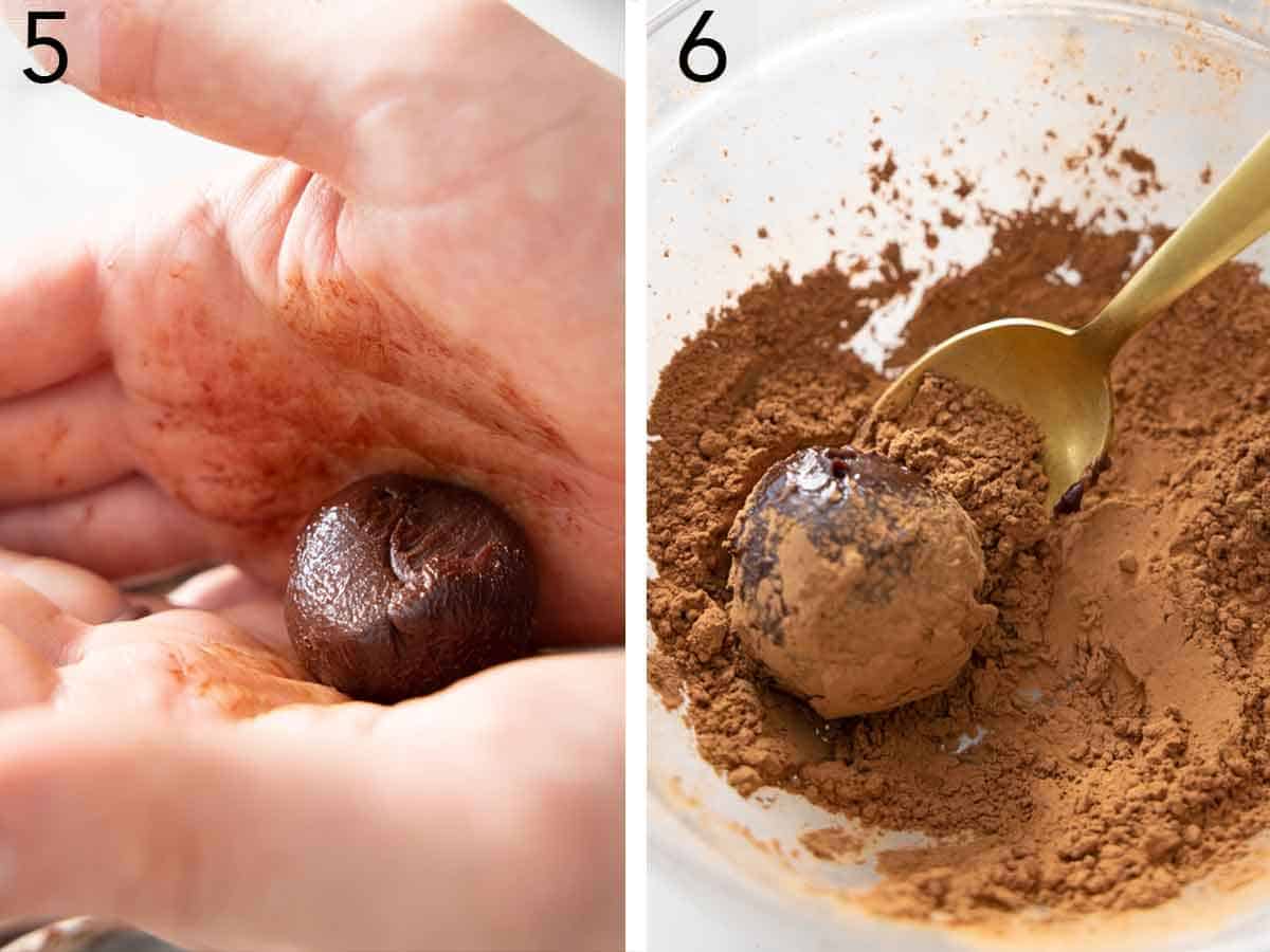 Set of two photos showing chocolate ganache rolled and coated in cocoa.