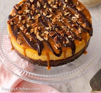 Pinterest of a turtle cheesecake on a cake stand.