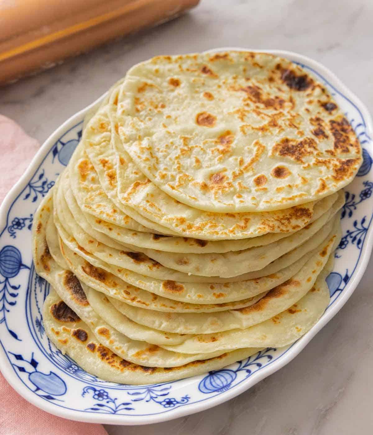 A platter of multiple lefse, on top of each other.
