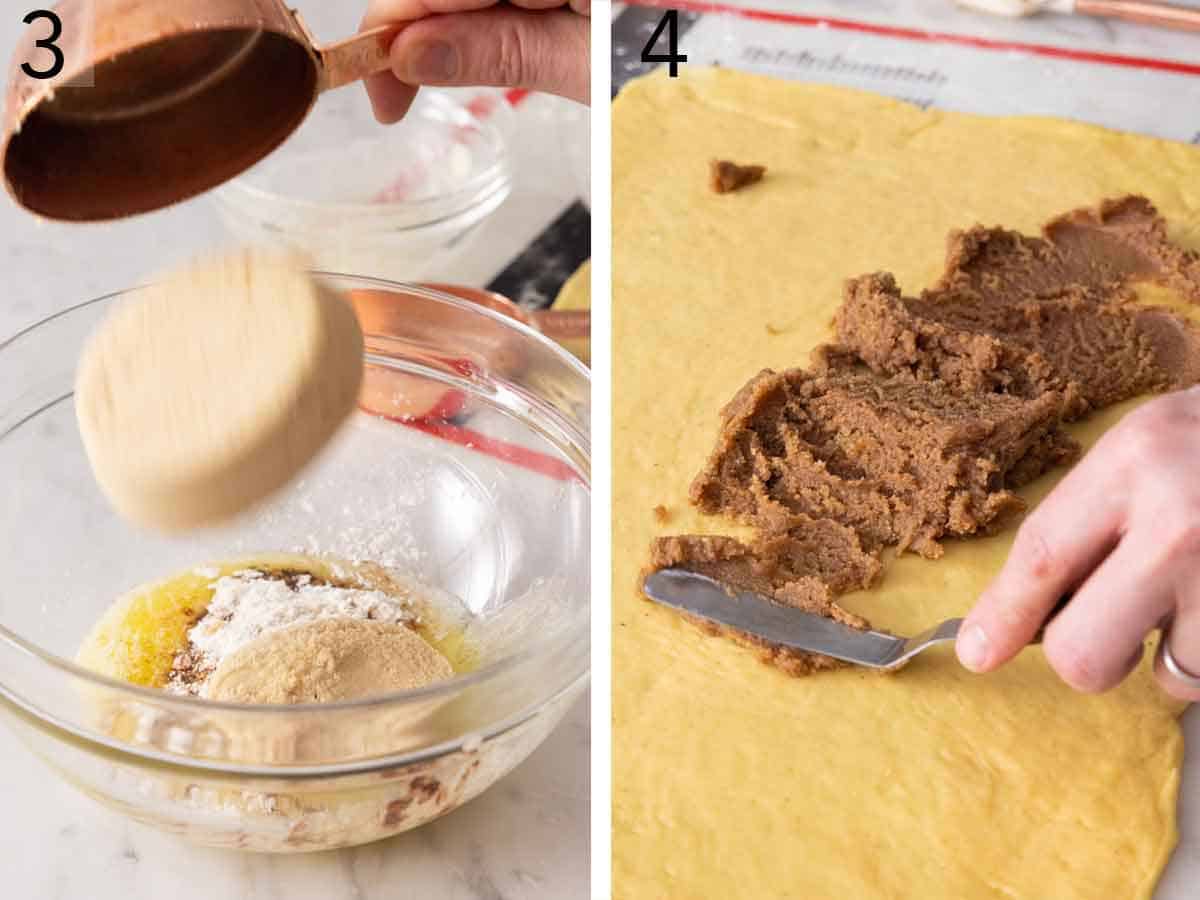 Set of two photos showing filling ingredients combined and then spread on the dough.
