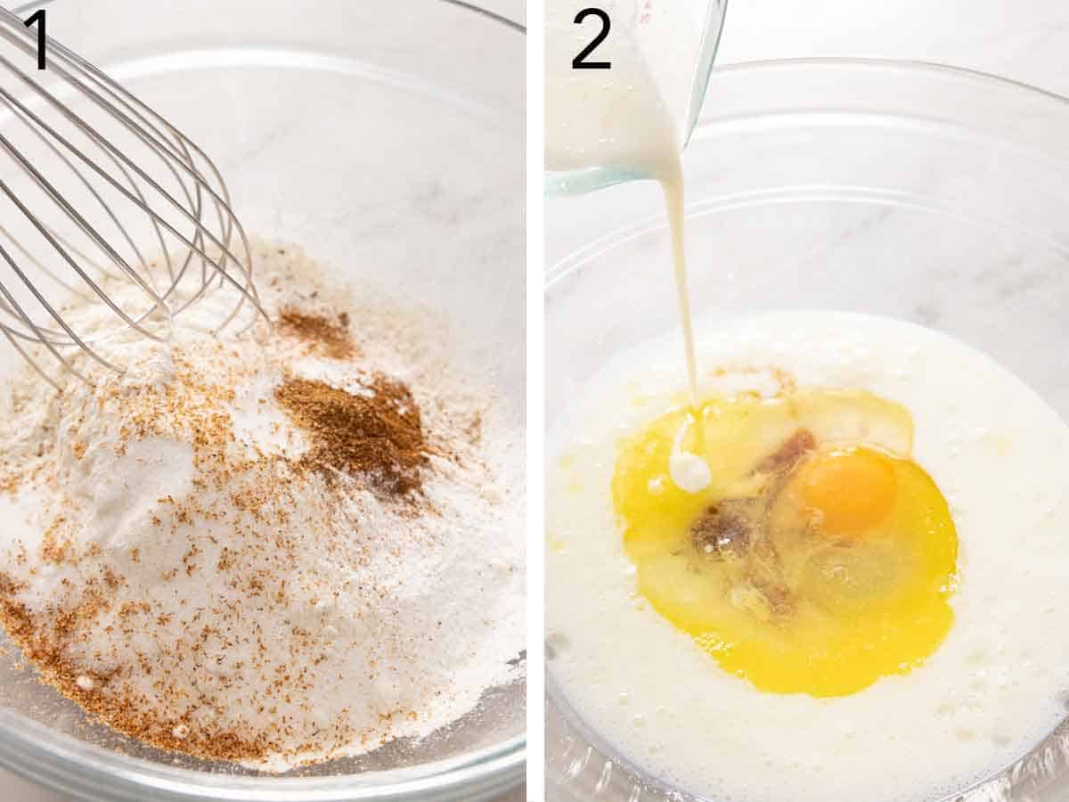 Set of two photos showing dry ingredients whisked and wet ingredients combined.