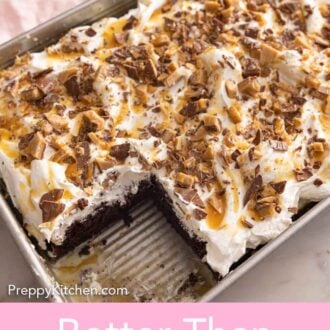 Pinterest graphic of a pan of better than sex cake with a piece removed.