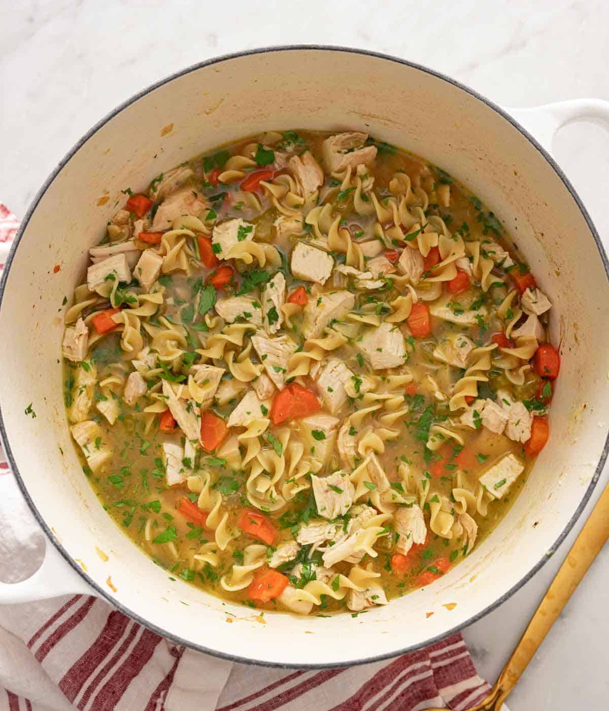 Overhead view of a white pot of chicken noodle soup.