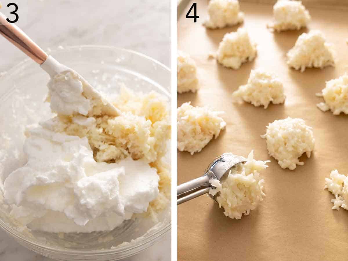 Set of two photos showing ingredients mixed together and scooped onto a sheet pan.
