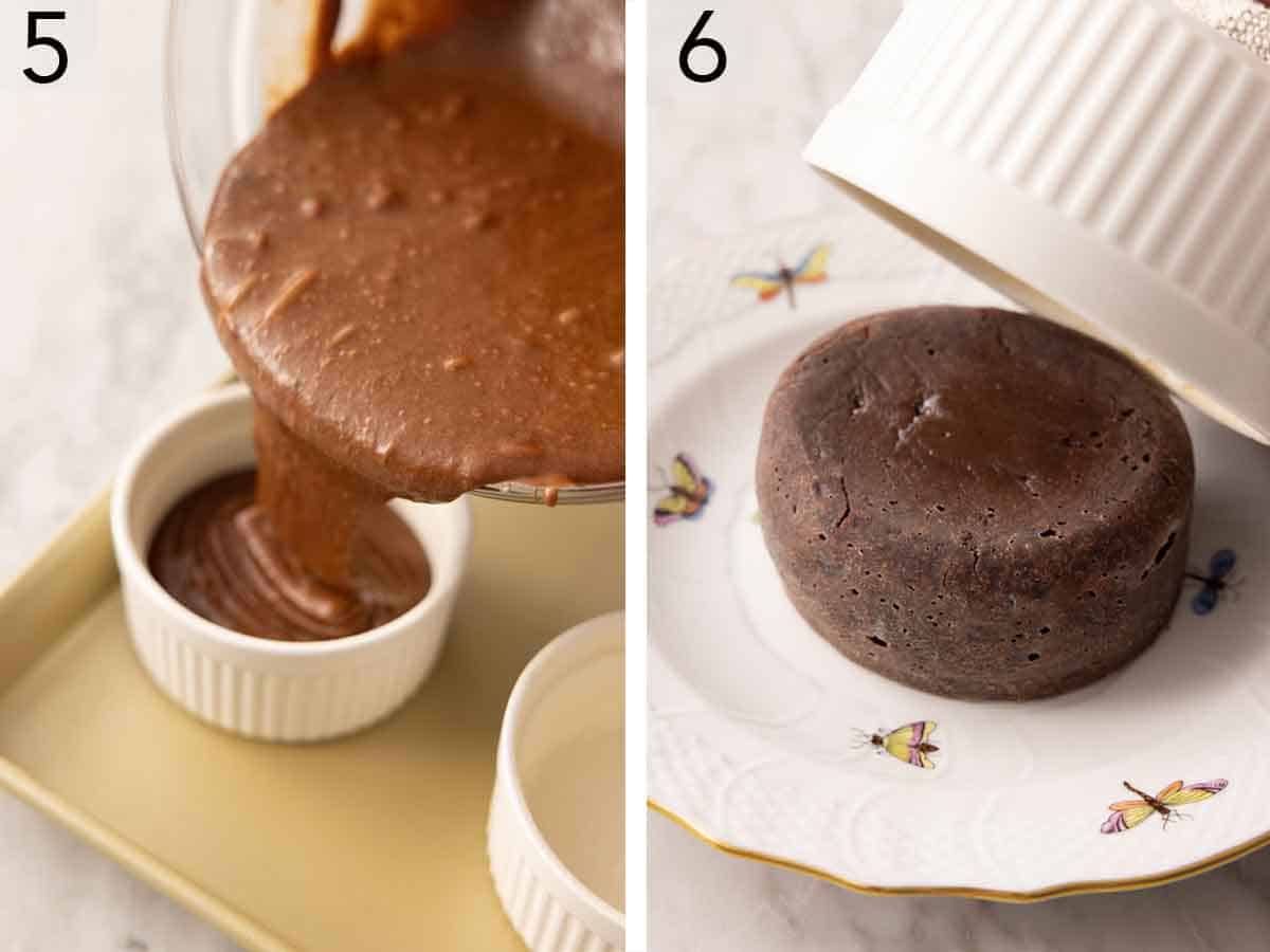 Set of two photos showing batter poured into a ramekin and cake turned out.