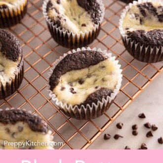 Set of two photos showing black bottom cupcakes on a wire cooling rack.