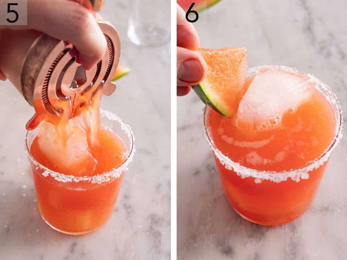 Set of two photos showing drink strained into a glass with ice and garnished.