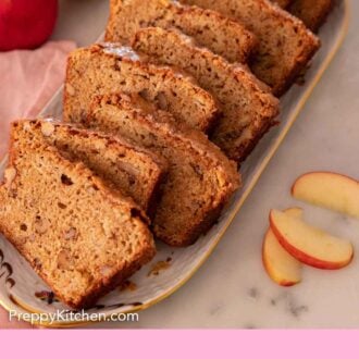 Pinterest graphic of a loaf of apple bread sliced into ten pieces.