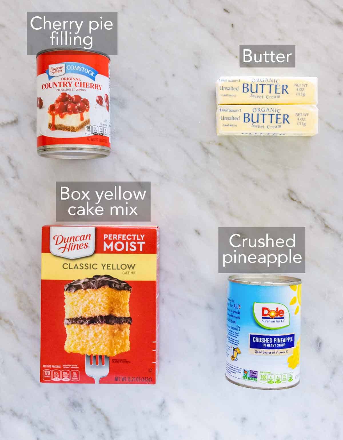Ingredients needed to make a dump cake.