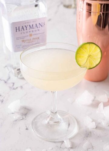A gimlet cocktail with a lime wheel on the rim of the glass. Gin and cocktail shaker in the background.