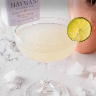 Pinterest graphic of a gimlet with a lime slice on the rim of the glass with a shaker and bottle of gin in the back.