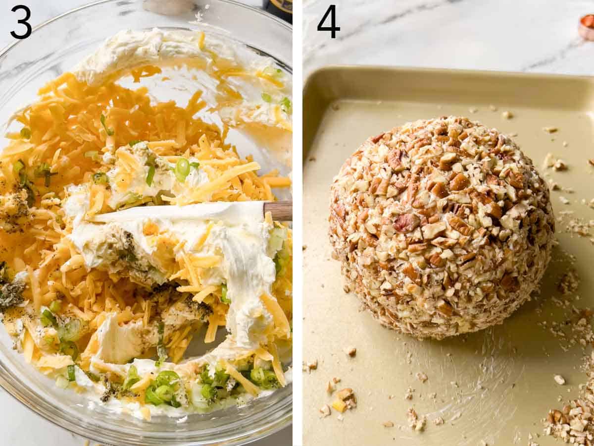 Set of two photos showing the mixture mixed with a spatula and rolled then coated in chopped pecans.