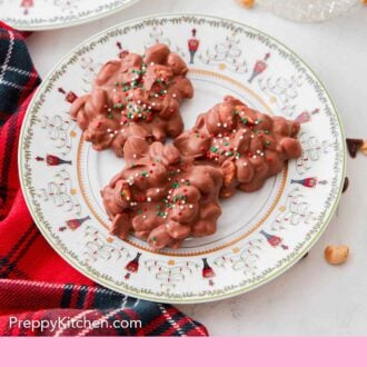 Pinterest graphic of a plate with three crockpot candies with sprinkles on them.