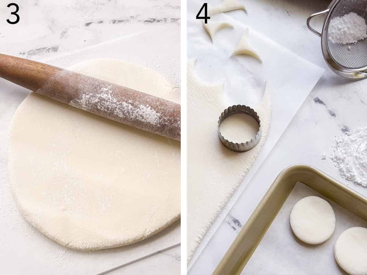 Set of two photos showing batter rolled and cut into circles.