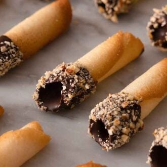 Multiple chocolate dipped tuiles in even rows on a counter.