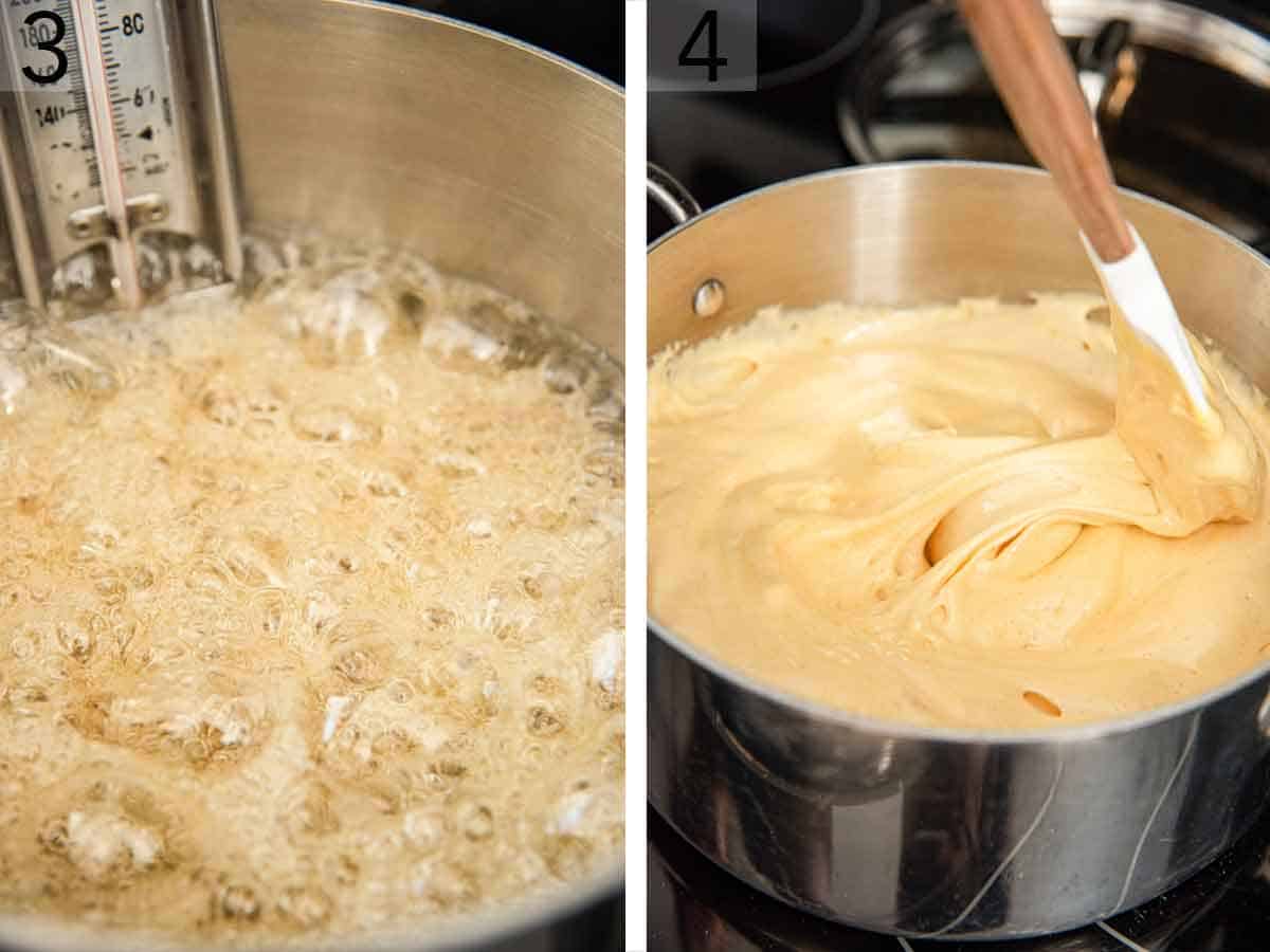 Set of two photos showing sugar mixture bubbling and smoothing out.