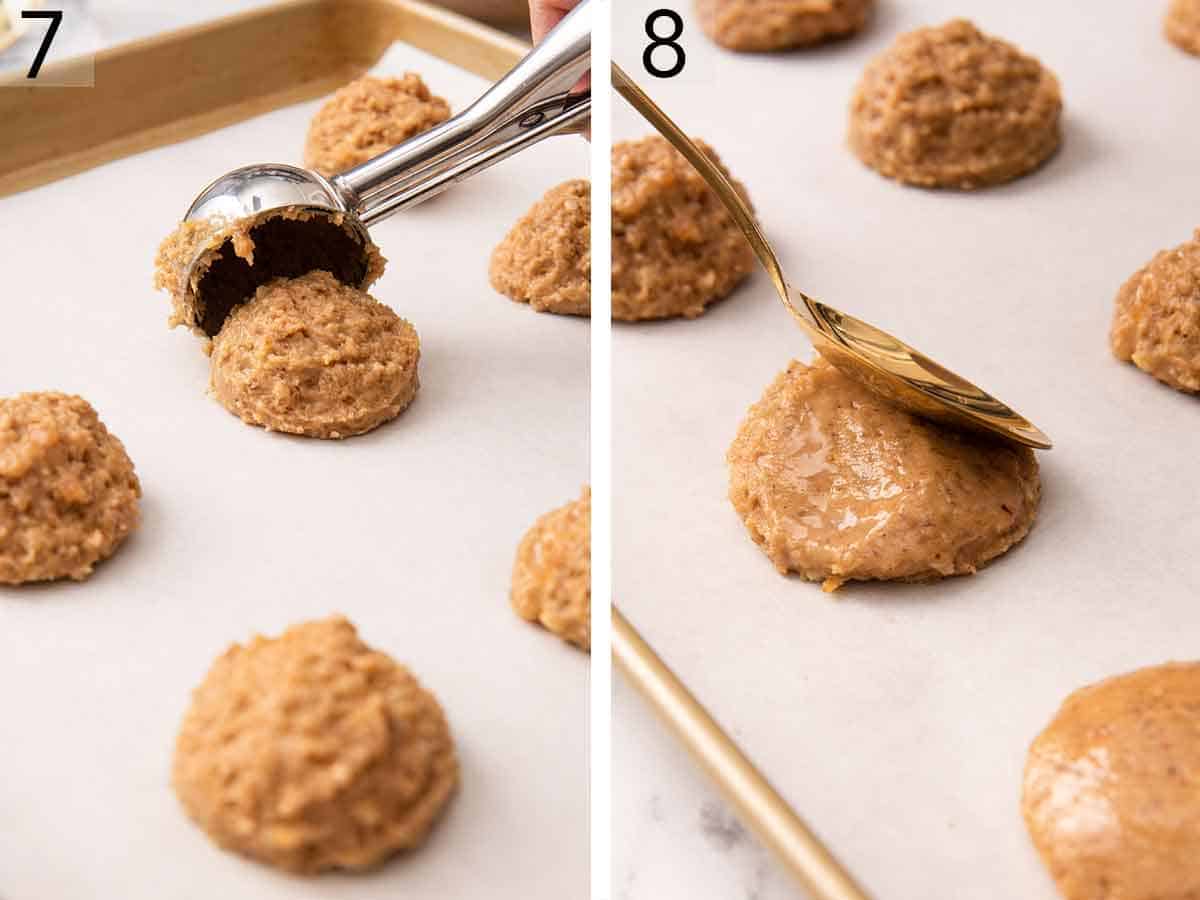 Set of two photos showing batter scooped onto a lined sheet pan and then pressed with a spoon.