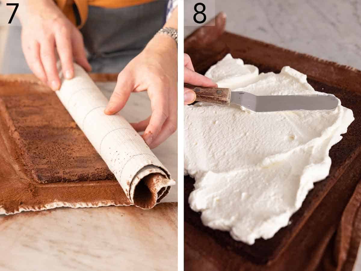 Set of two photos showing cake rolled in filling spread on to the cake.