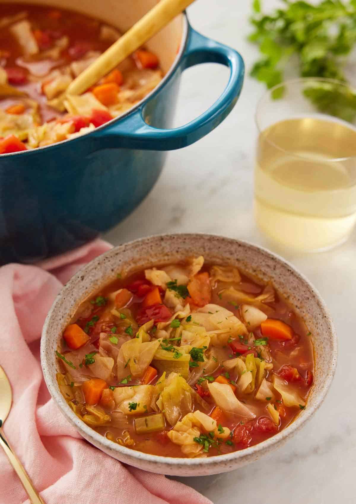 A bowl of cabbage soup with a pot in the back and glass of wine.