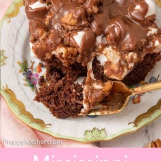 Pinterest graphic of a plate with a square slice of Mississippi mud cake with a fork breaking off a bite.