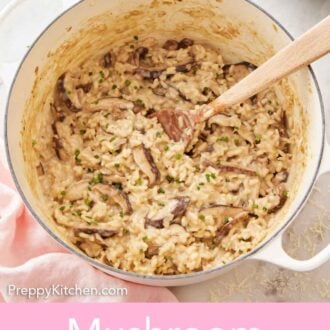 Pinterest graphic of an overhead view of a pot of mushroom risotto with a wooden spoon.