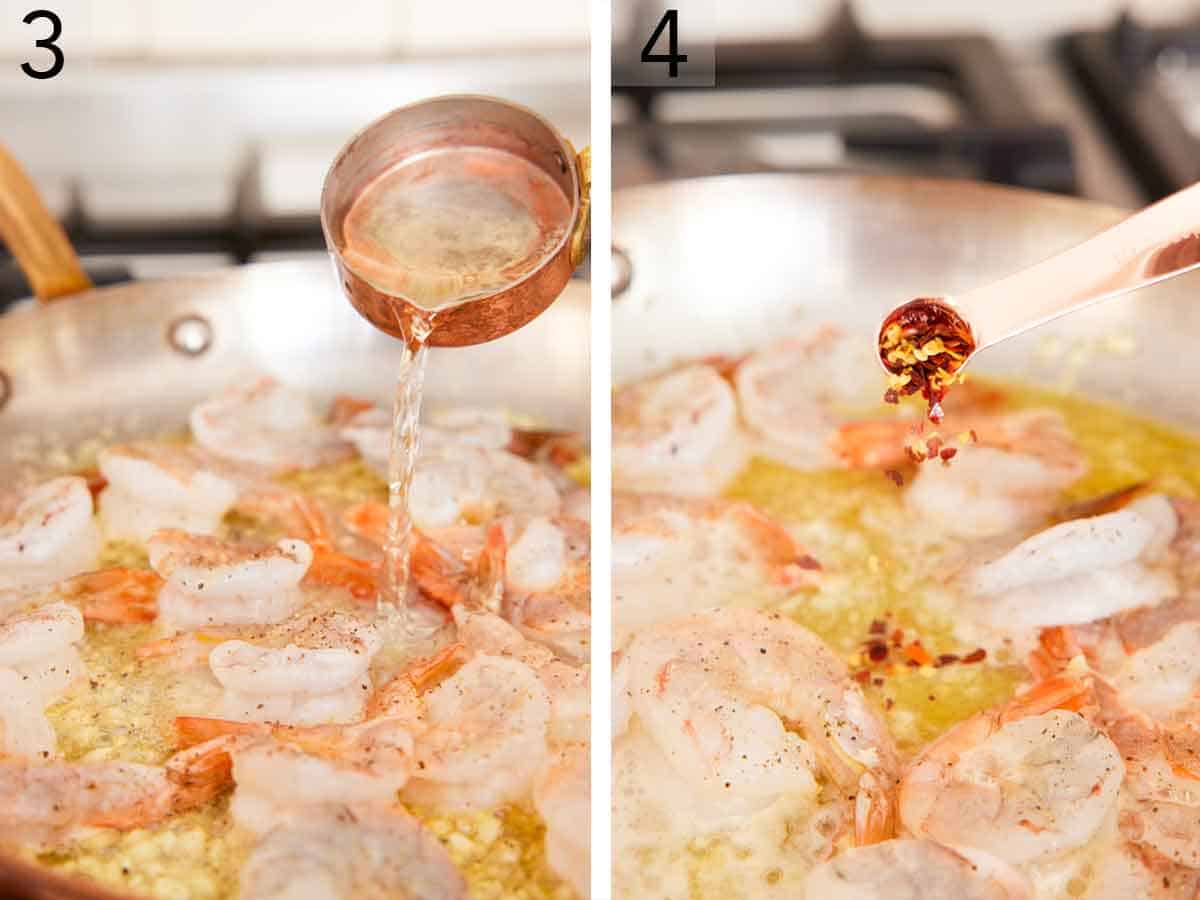 Set of two photos showing wine and red pepper flakes added to a skillet.
