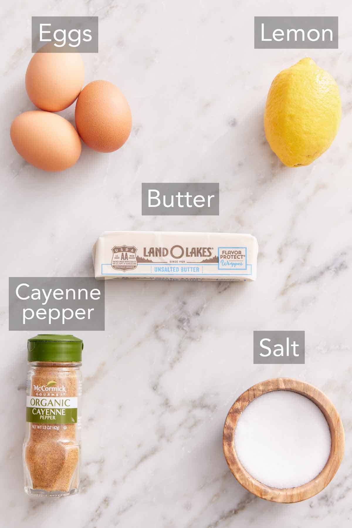 Ingredients needed to make hollandaise sauce.