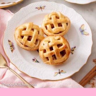 Pinterest graphic of a plate with three mini apple pies with a cup of coffee behind it.