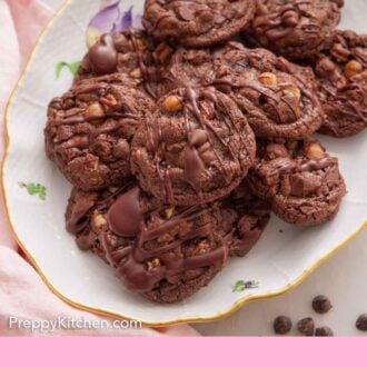 Pinterest graphic of a platter of turtle cookies with a couple of cookies on the table in the background.