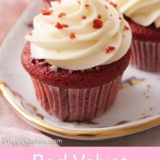 Pinterest graphic of a platter of red velvet cupcakes with one in focus in the front.