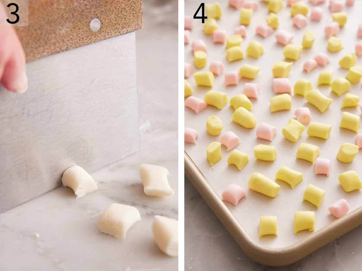 Set of two photos showing small bite sized pieces cut and dyed pieces placed on a lined sheet pan.