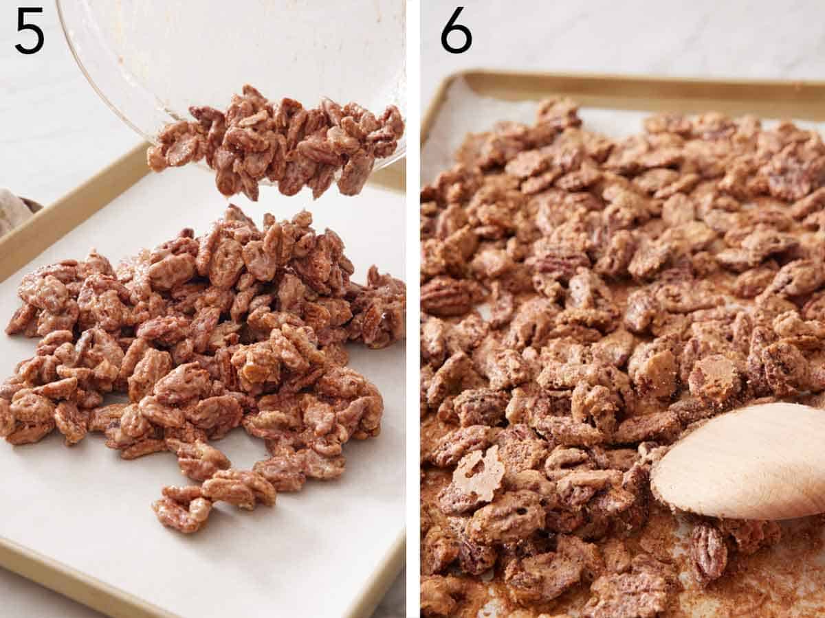 Set of two photos showing the coated nuts poured onto a lined sheet pan and stirred.