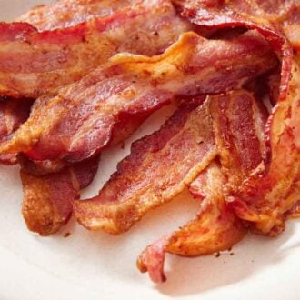Close up view of air fryer bacon.