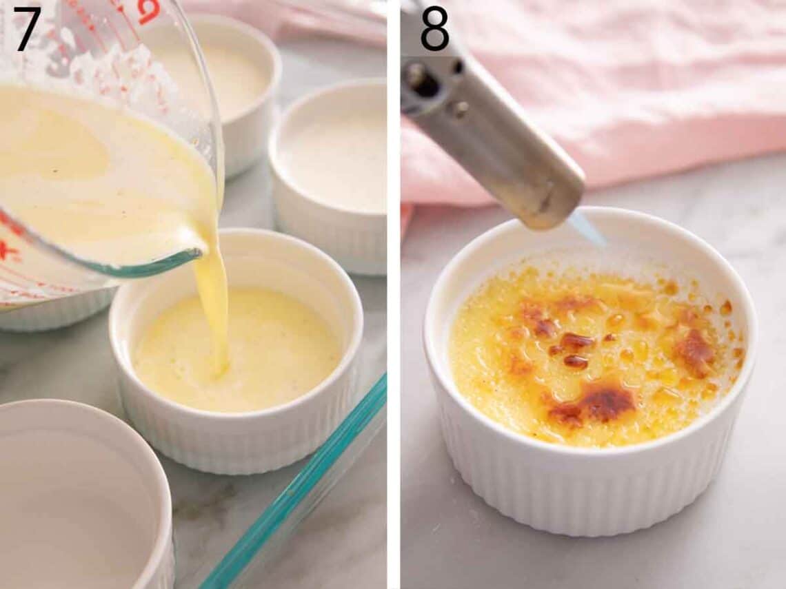 Set of two photos showing mixture poured into ramekins and then a blow torch to caramelize the tops.