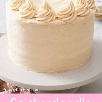 Pinterest graphic of a snickerdoodle cake with dollops of frosting around the edge of the cake on a cake stand.
