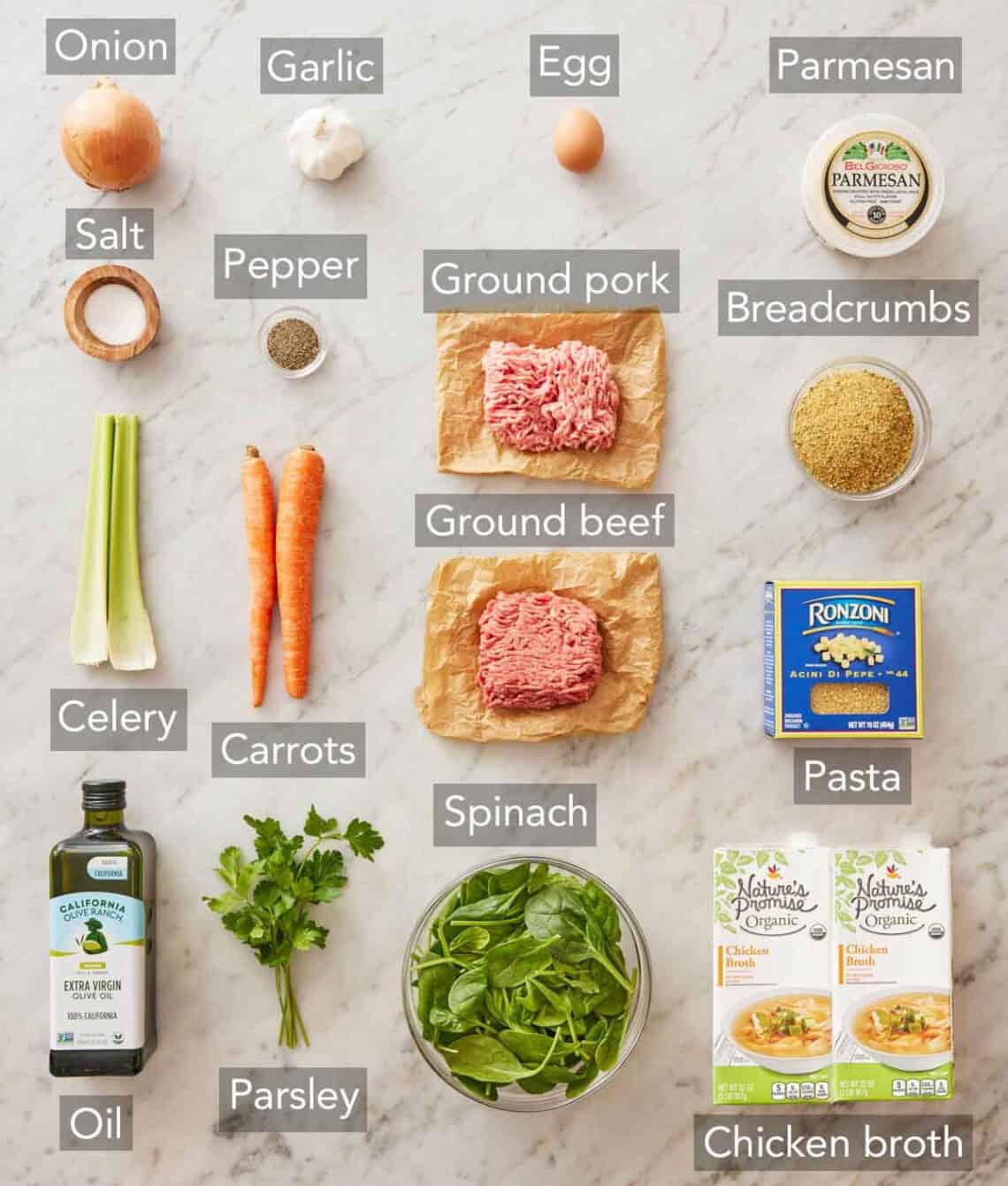 Ingredients needed to make Italian wedding soup.