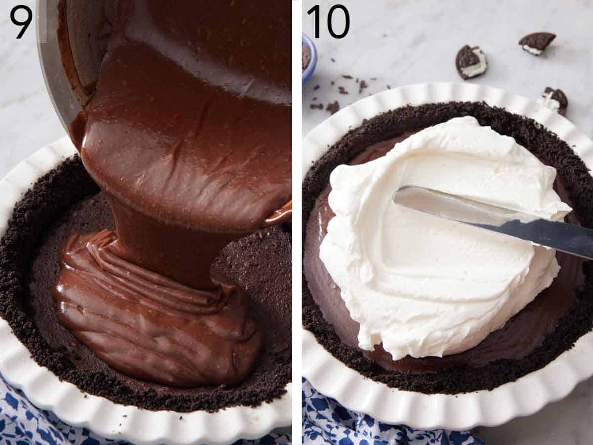 Set of two photos showing pudding layer over the brownie layer in the baking dish then topped with whipped cream.