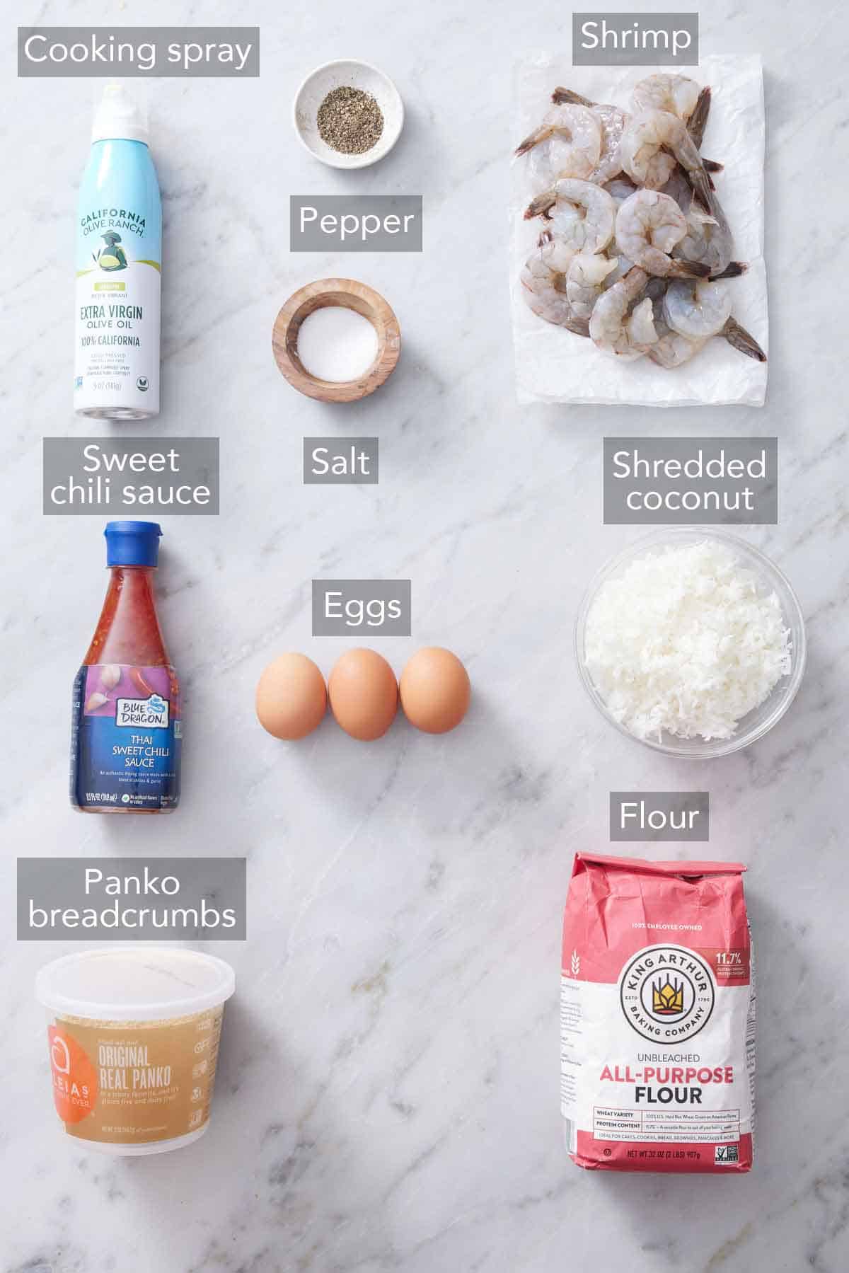 Ingredients needed to make air fryer coconut shrimp.