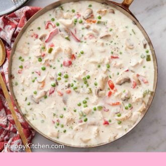 Pinterest graphic of an overhead view of a skillet of chicken a la king.